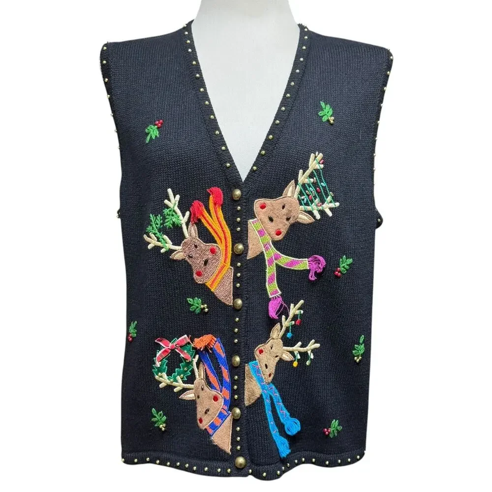 Hampshire Studio Snow Sweater Vest Reindeer Black XL